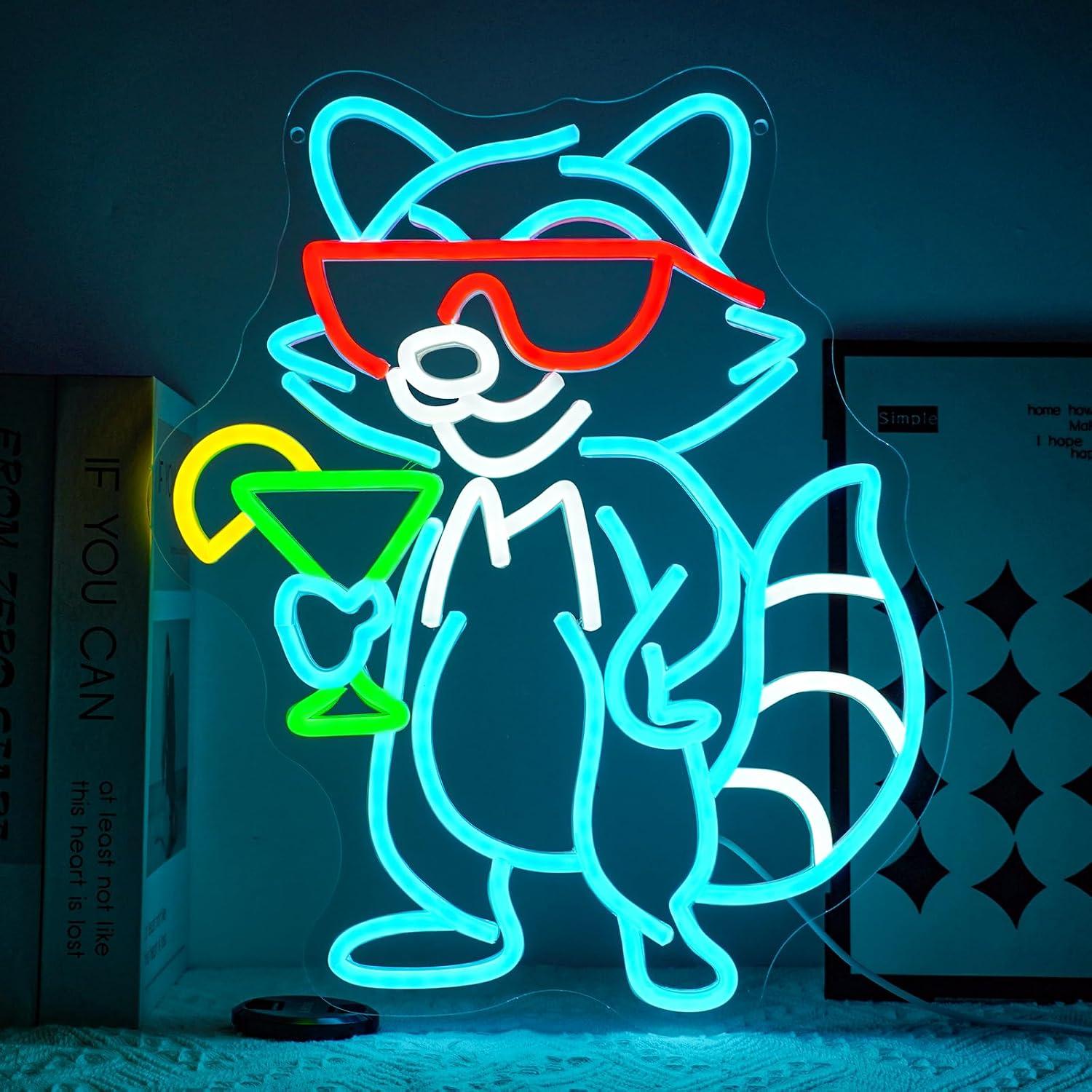 Home Bar Lounge - Waschbär mit Sonnenbrille Cocktail-Neon-Schild, dimmbares LED-Licht