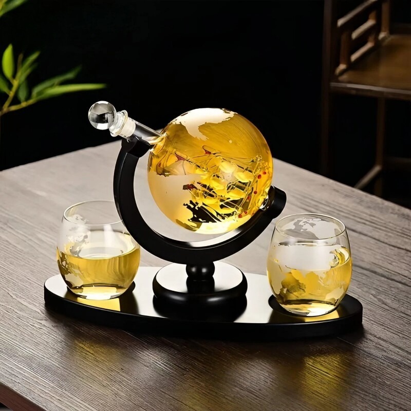 Decanter Globe Set - Dekoratives Globus-Weindekanter-Set, Glaskaraffe mit Ständer für