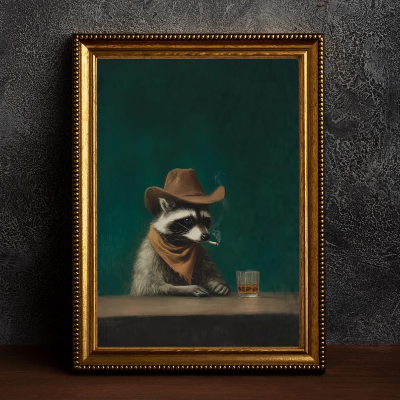 Home Bar Lounge - Vintage Lustiger Rauchender Waschbär Cowboy Leinwand-Wandbild,